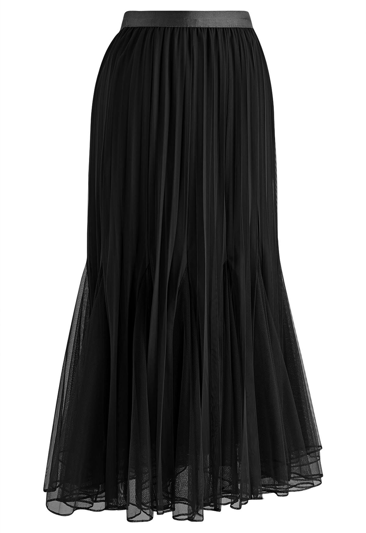 Falda midi de tul de malla plisada con paneles en negro