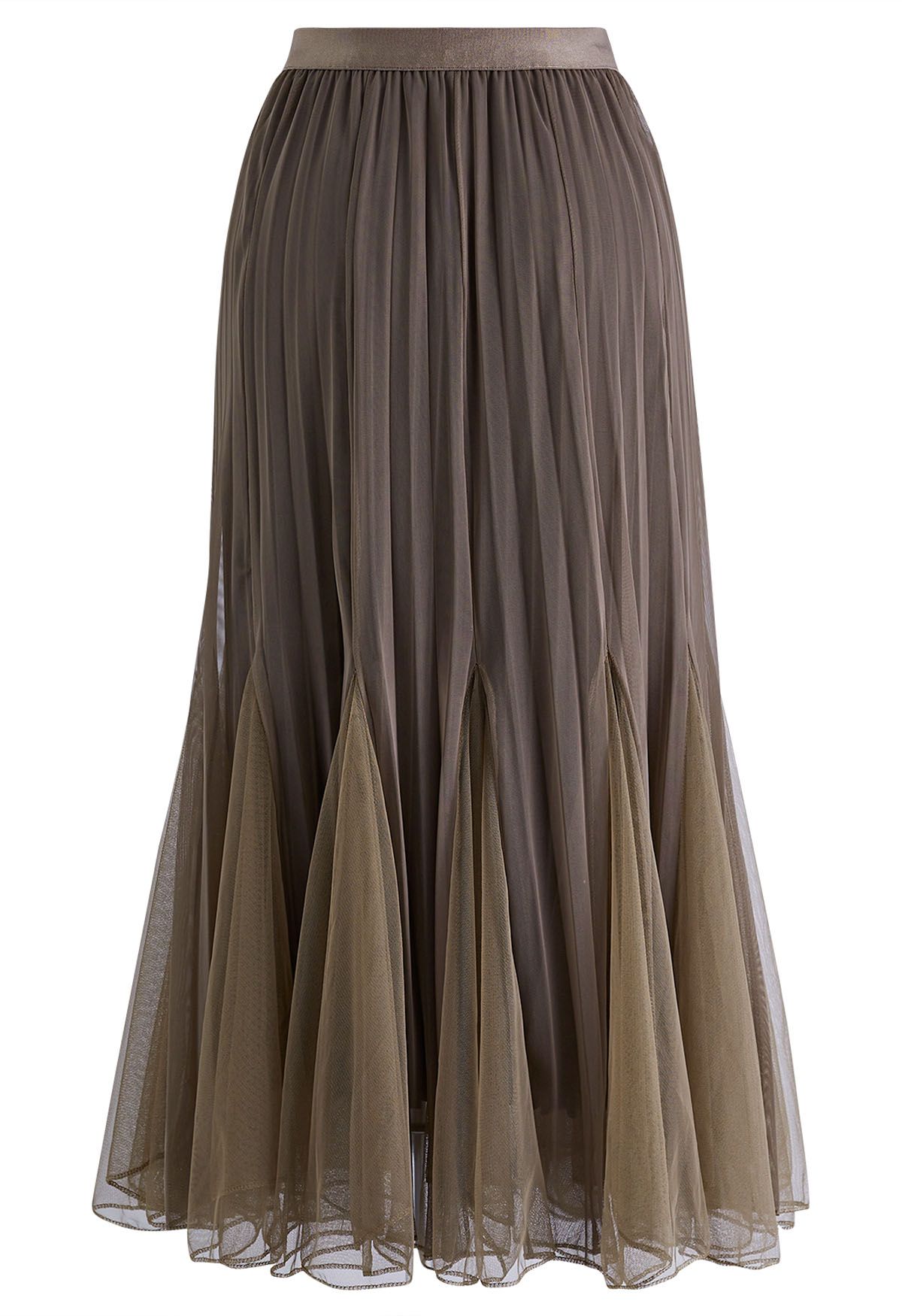 Falda midi de tul de malla plisada con paneles en marrón