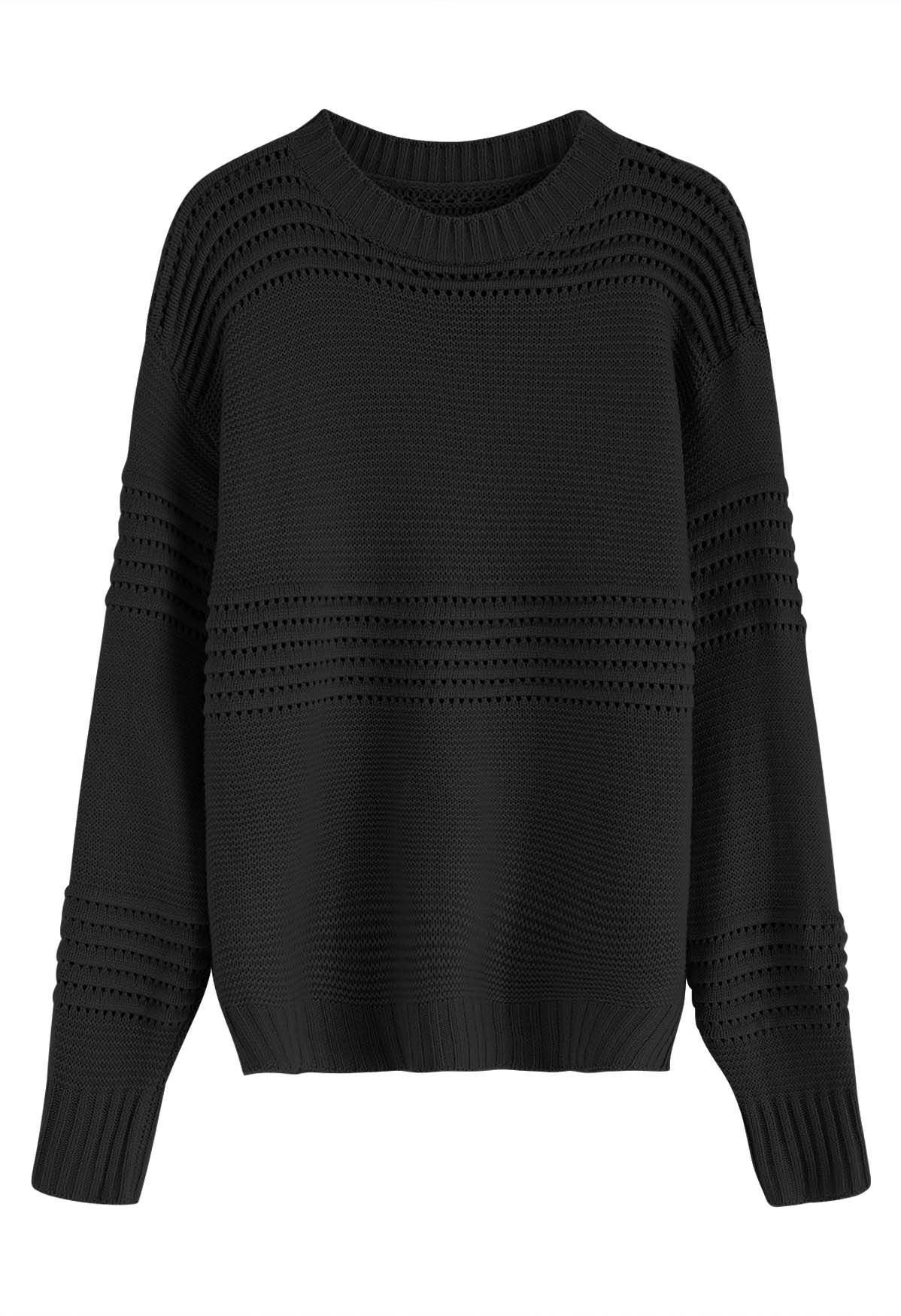 Suéter de punto calado con rayas en relieve en negro