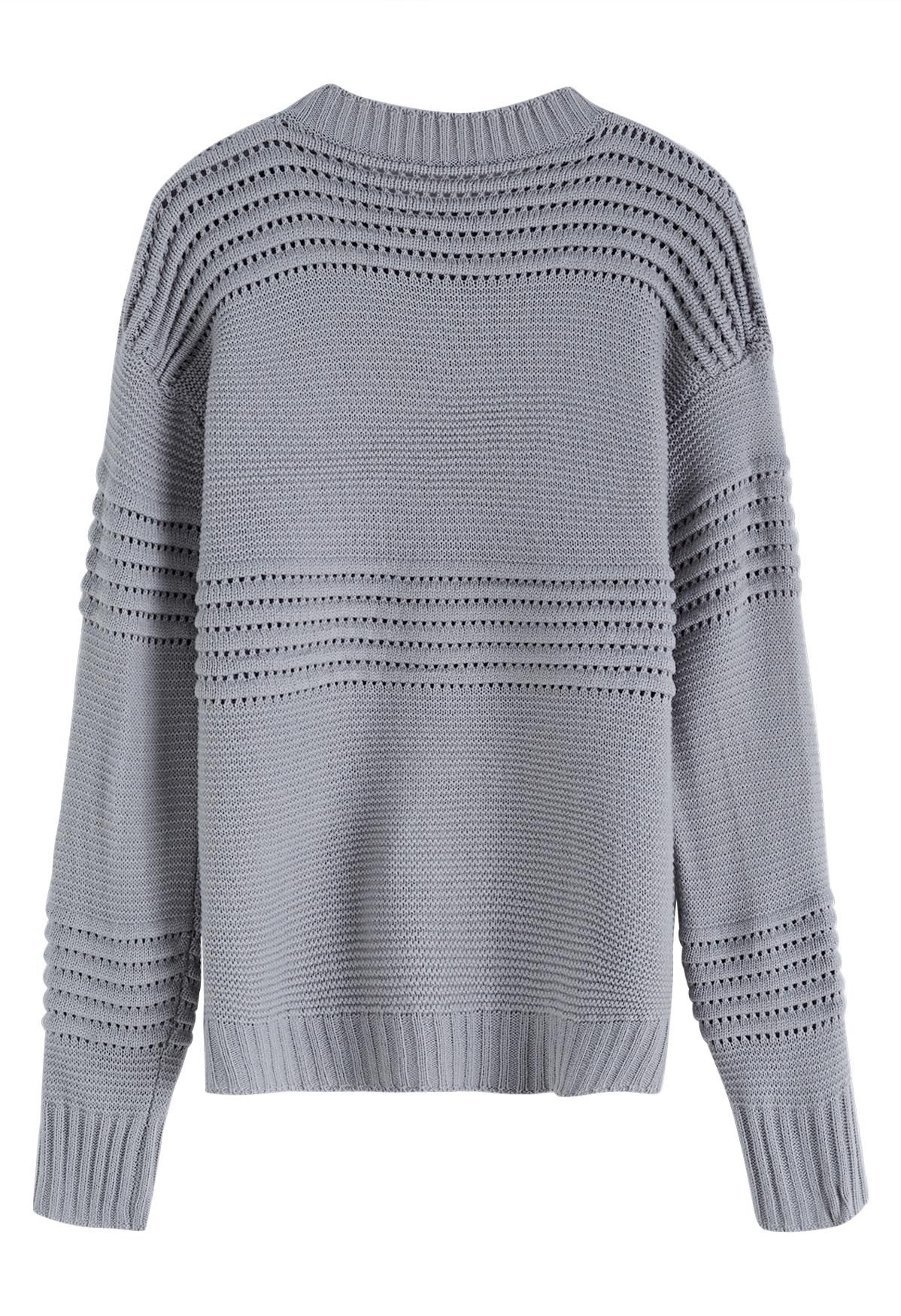 Suéter de punto calado con rayas en relieve en gris