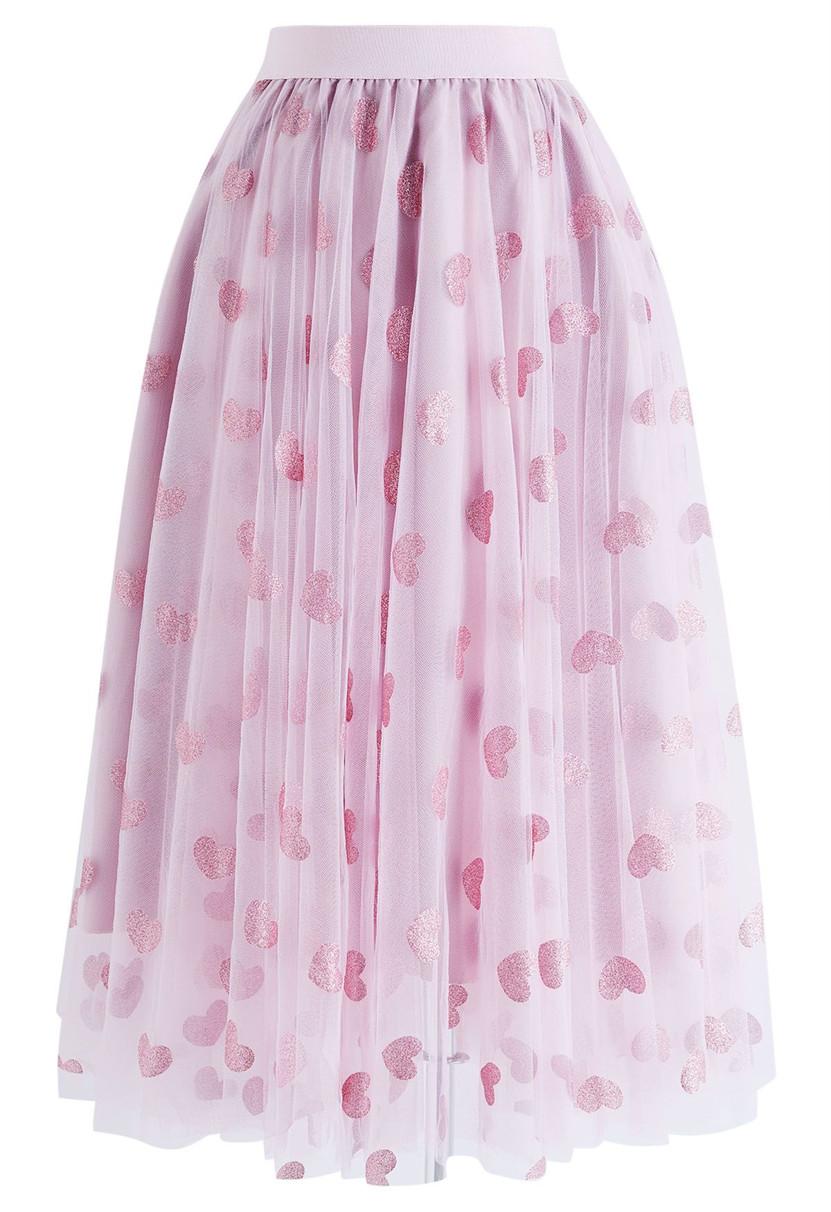 Falda midi de tul de malla con corazones brillantes en rosa