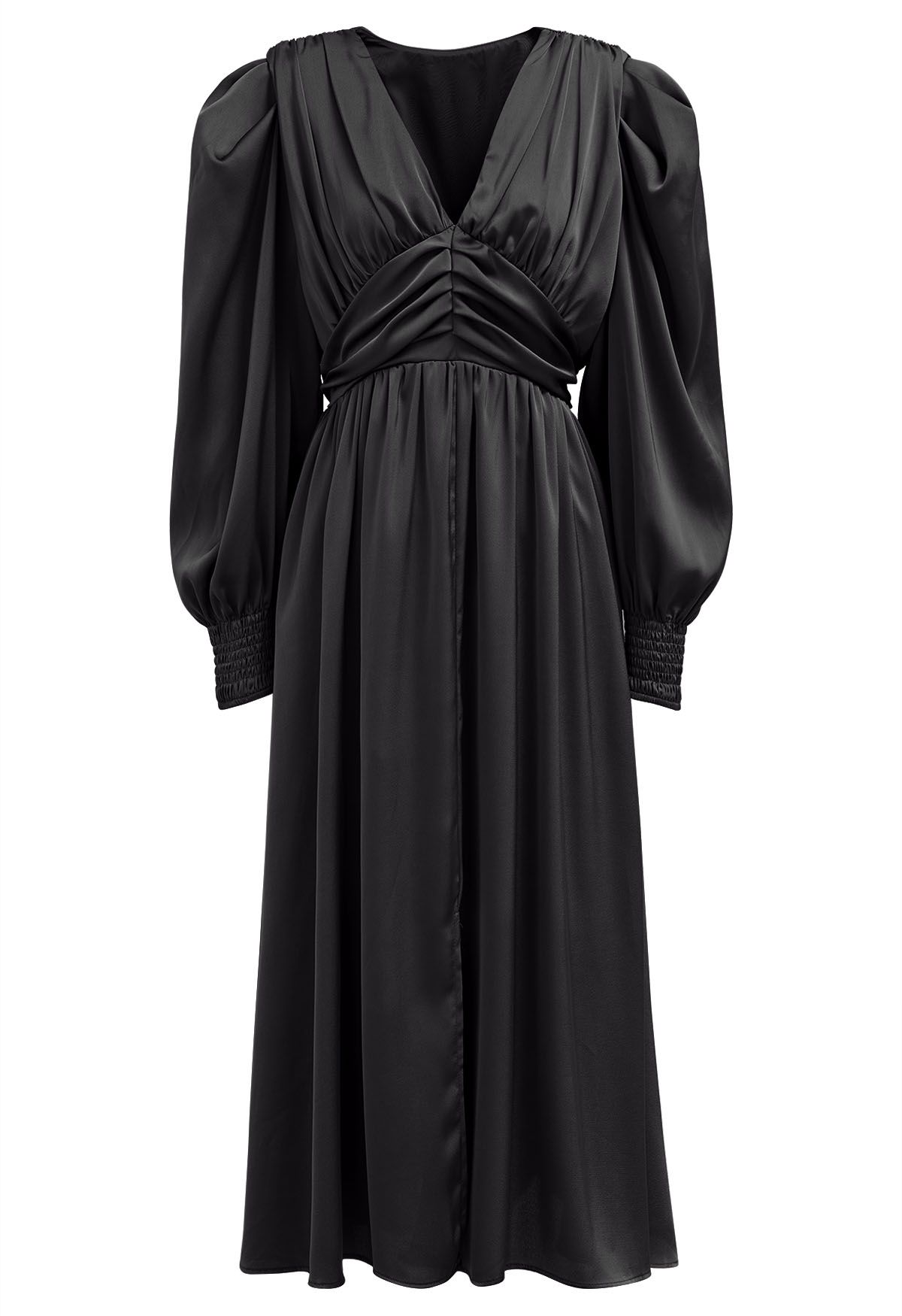Vestido midi fruncido con cuello en V y mangas abullonadas en negro