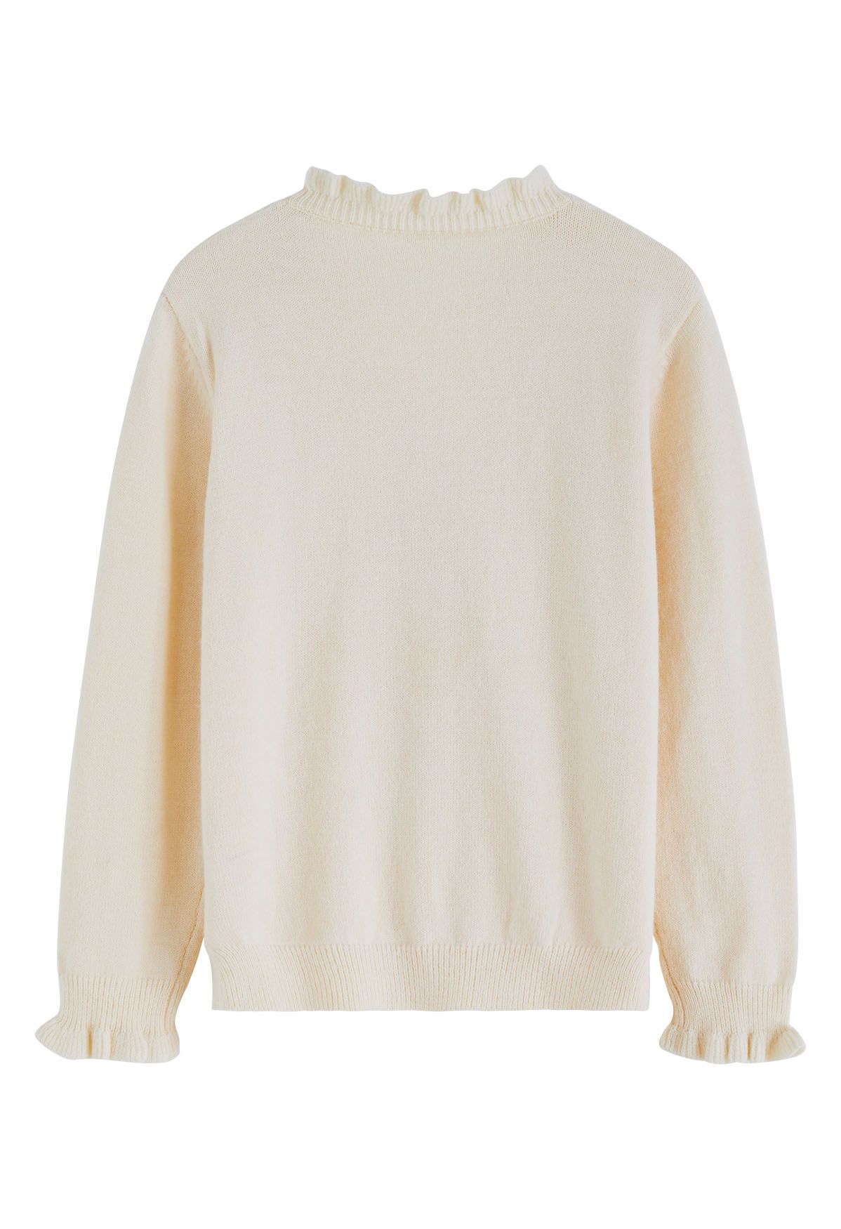 Suéter de punto con botones en la parte delantera y borde con volantes en color crema