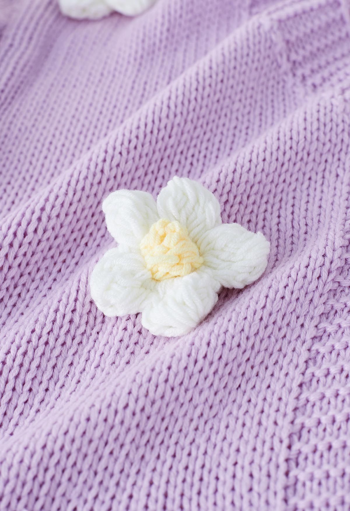 Cárdigan de punto con frente abierto y flores de puntada 3D en color lila