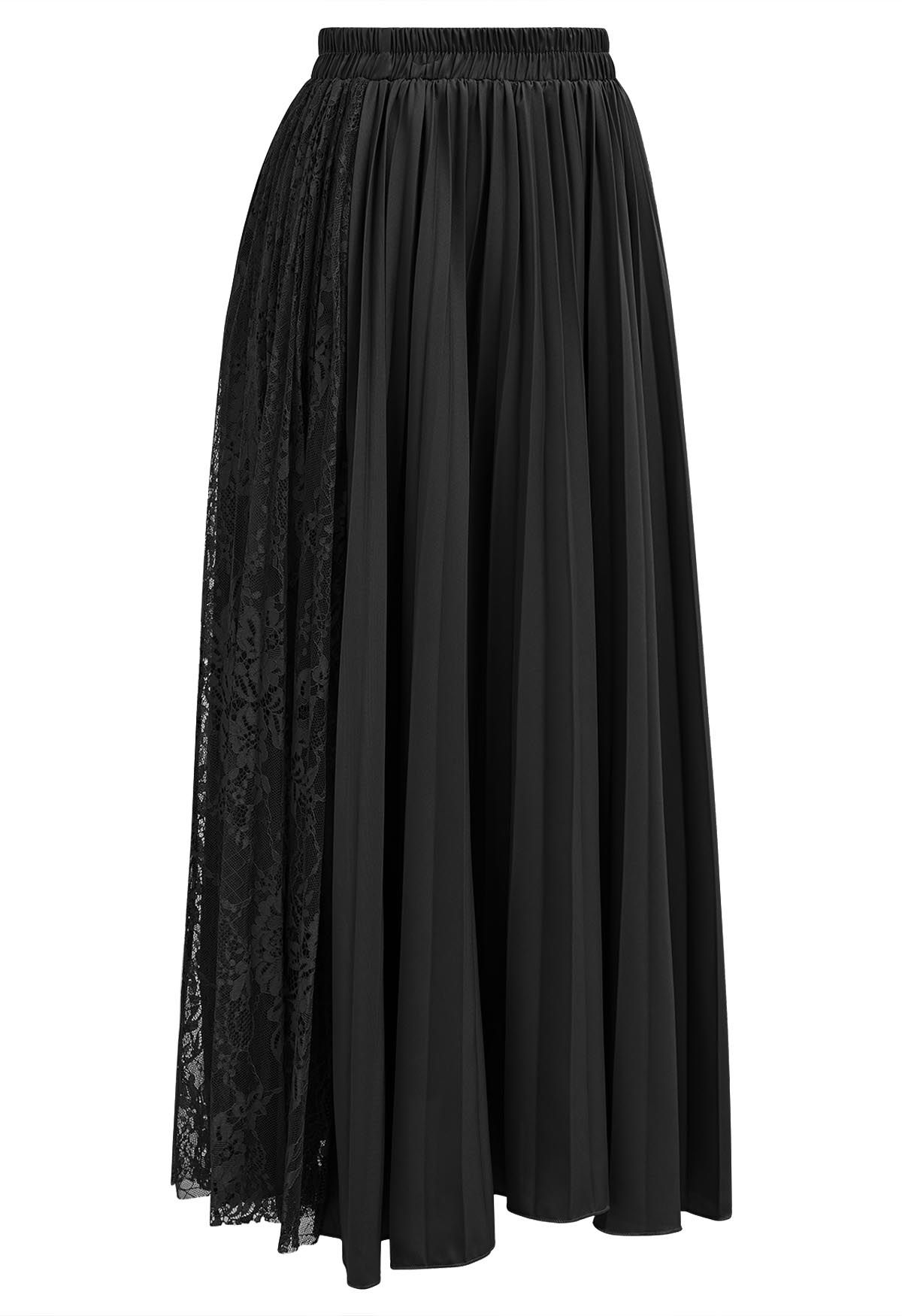 Falda midi plisada con paneles de encaje en negro
