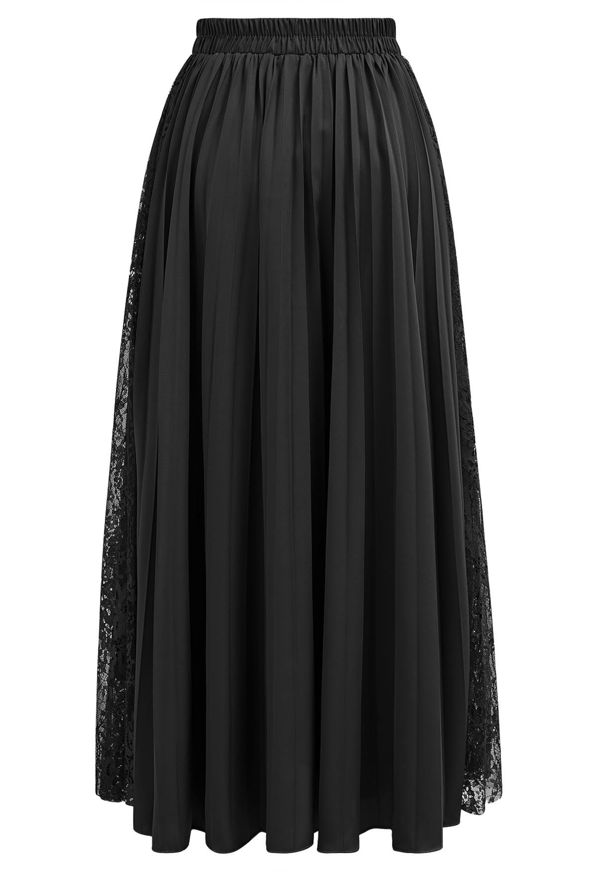 Falda midi plisada con paneles de encaje en negro
