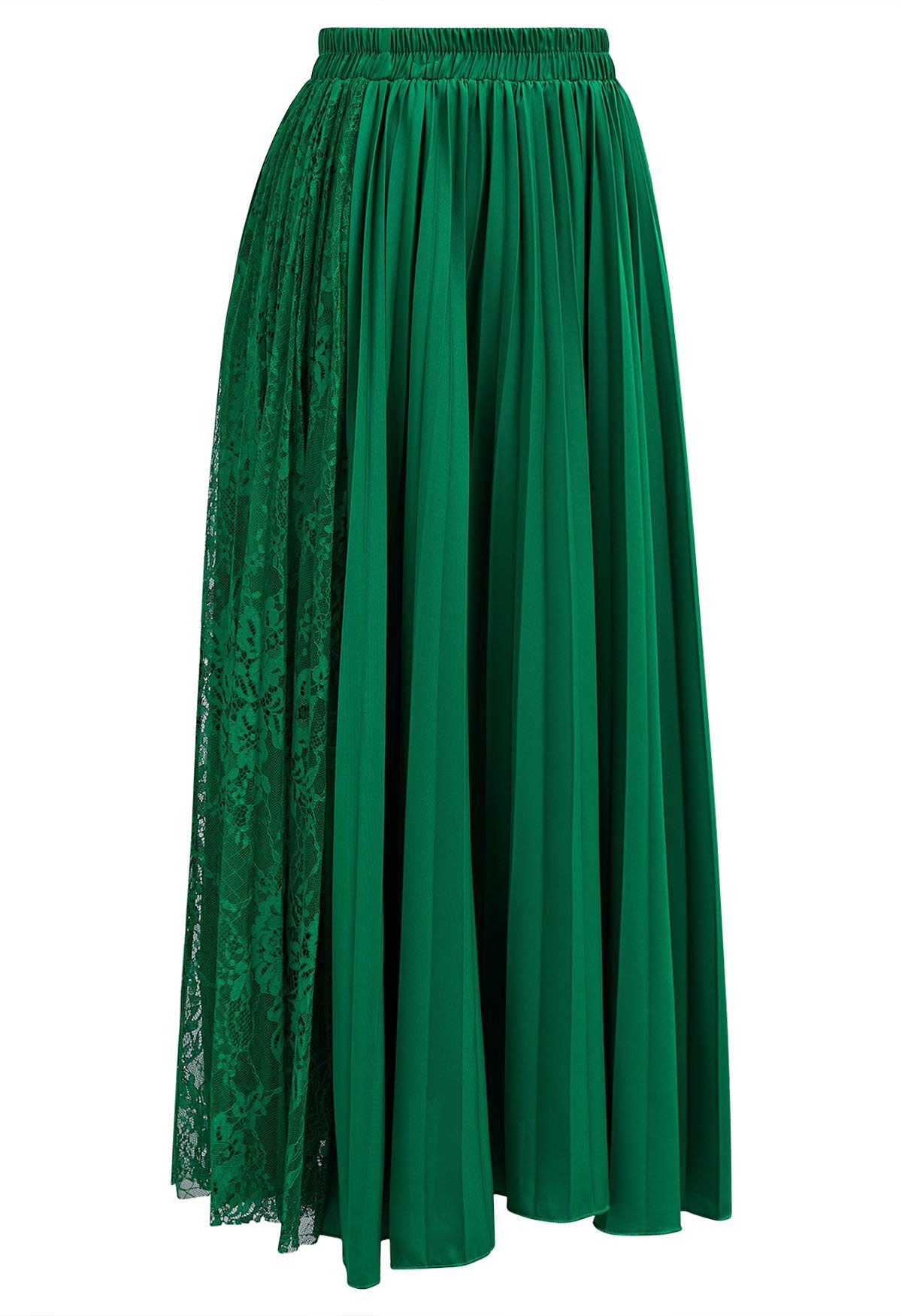 Falda midi plisada con paneles de encaje en verde