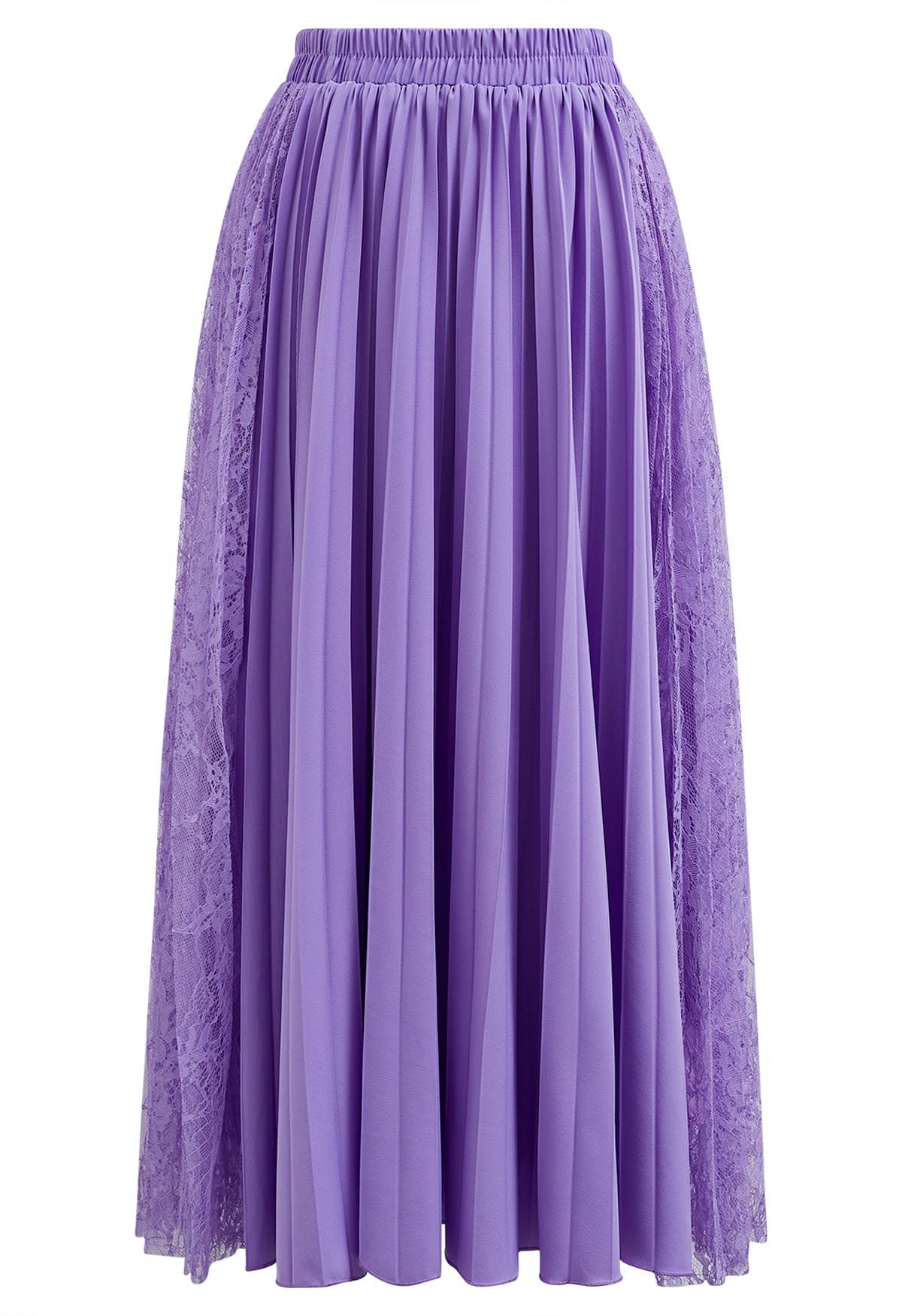 Falda midi plisada con paneles de encaje en lila