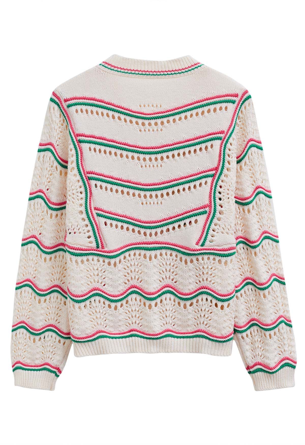 Suéter de punto calado con líneas onduladas en contraste