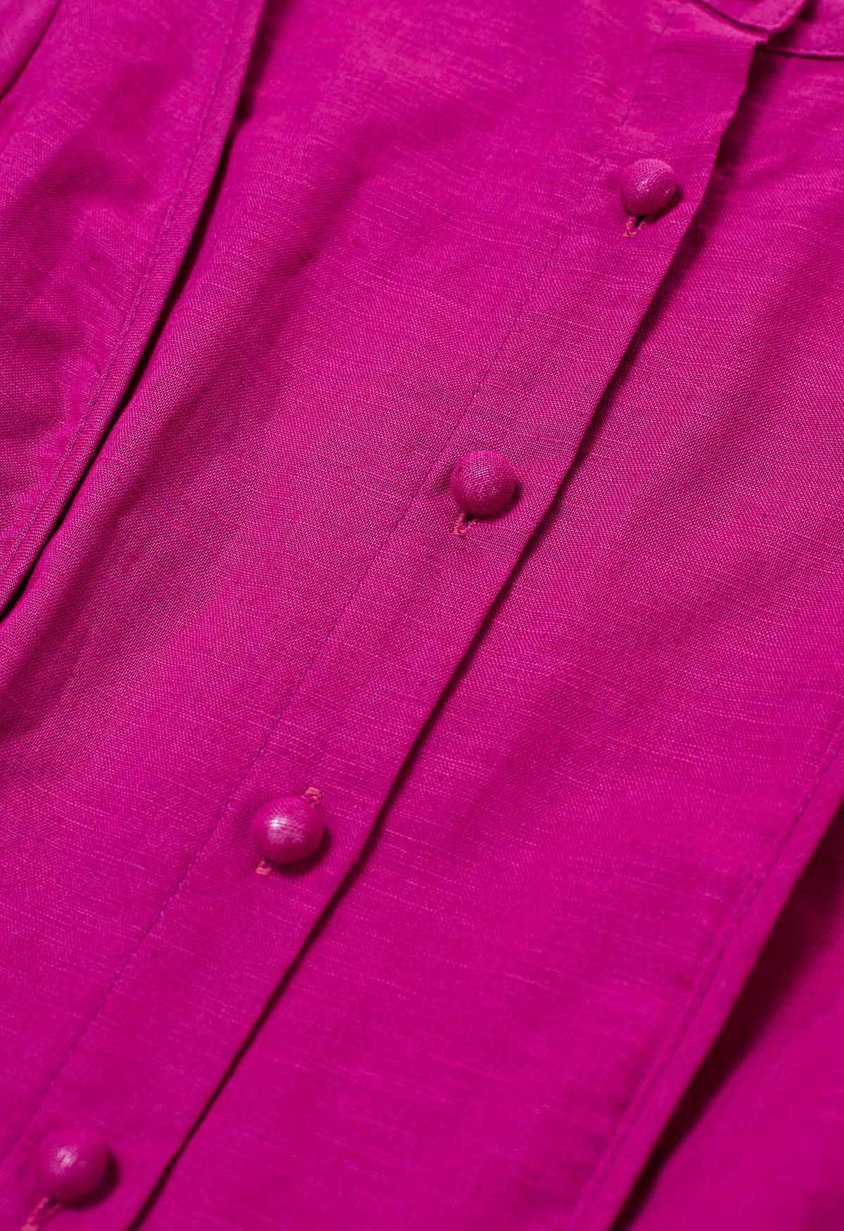 Vestido midi de mezcla de lino con botones y manga farol en magenta