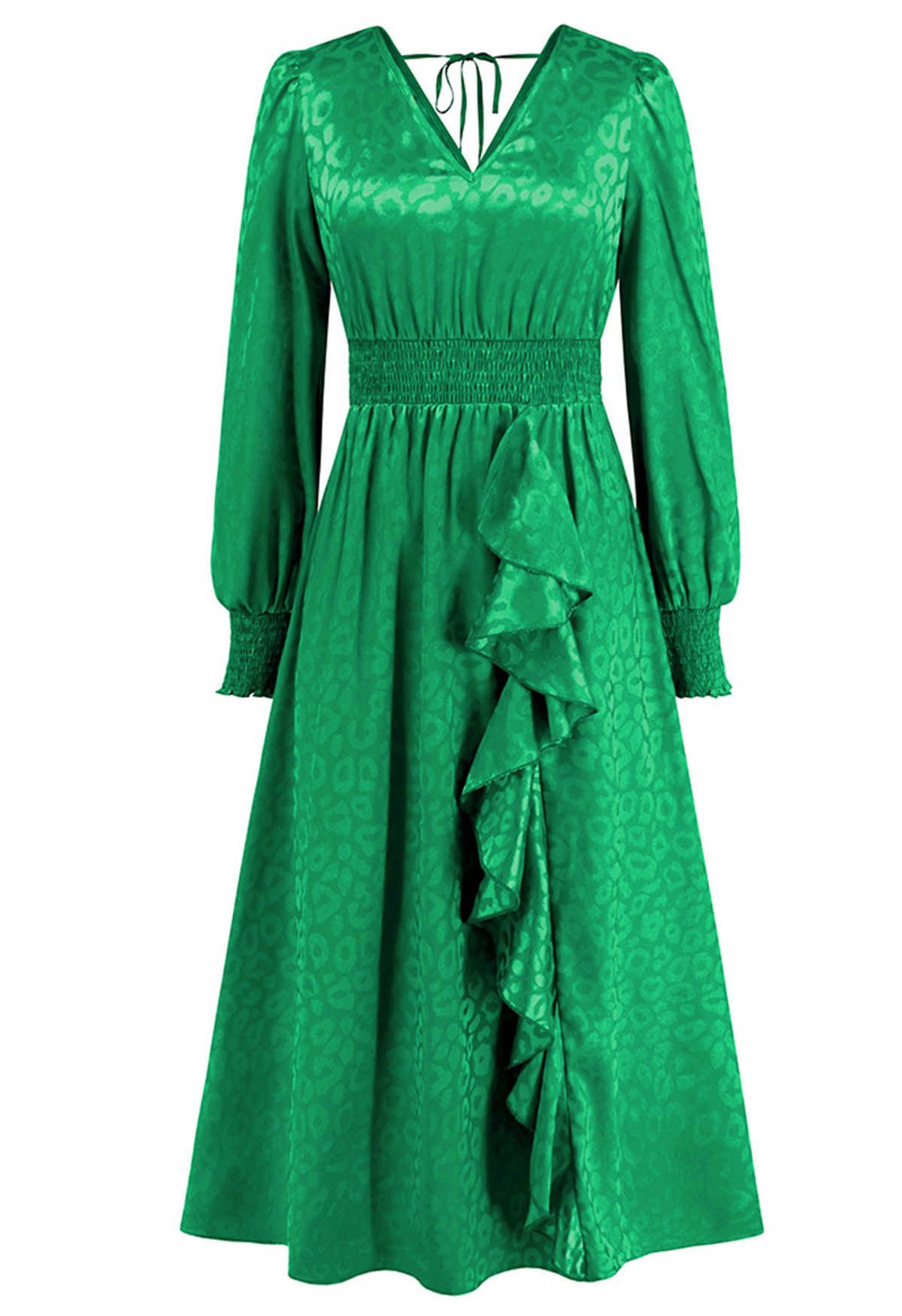 Vestido largo con volantes y jacquard de leopardo brillante en verde