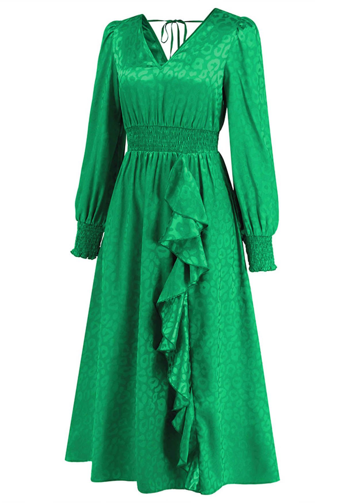 Vestido largo con volantes y jacquard de leopardo brillante en verde