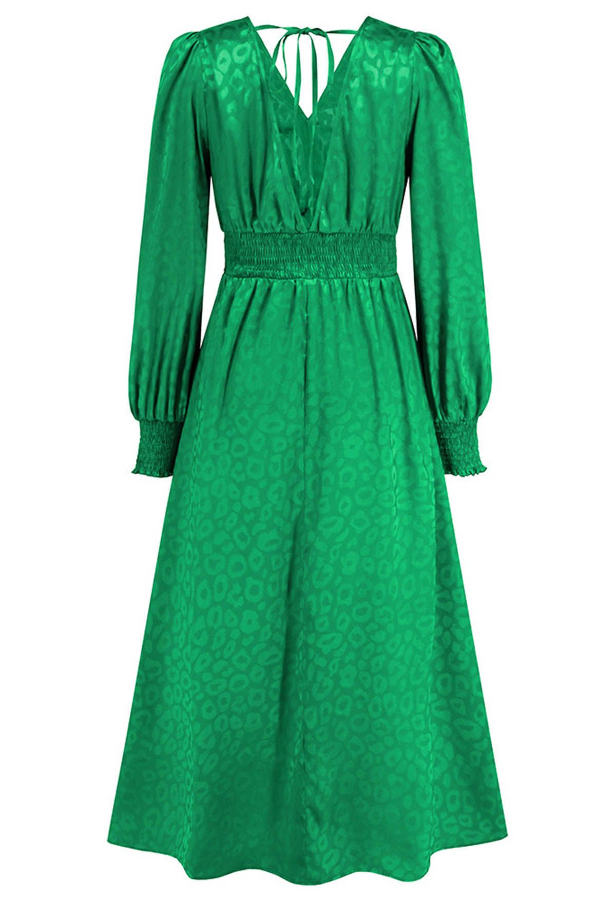 Vestido largo con volantes y jacquard de leopardo brillante en verde