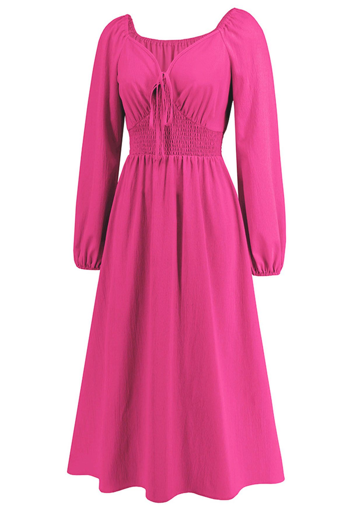 Vestido midi con escote en forma de corazón y lazo en la parte delantera en magenta