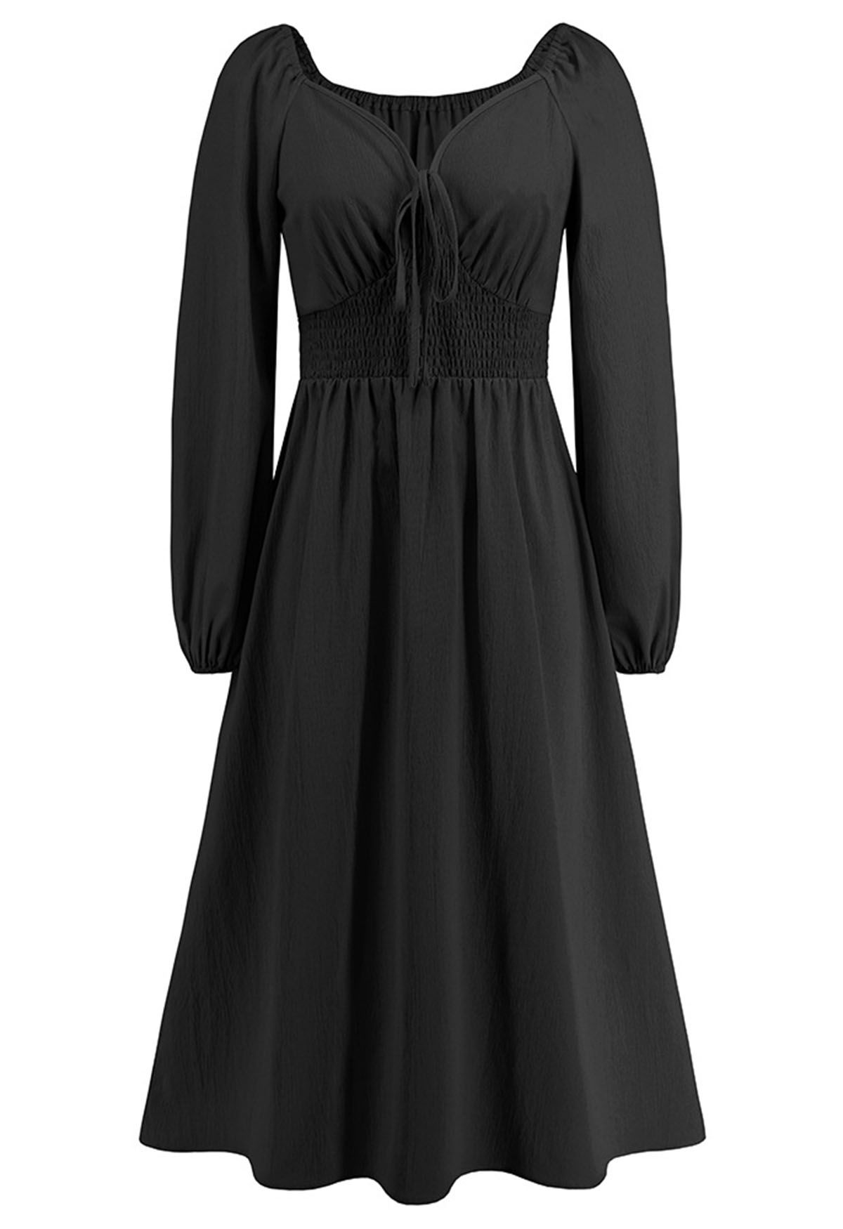 Vestido midi con escote en forma de corazón y lazo en la parte delantera en negro