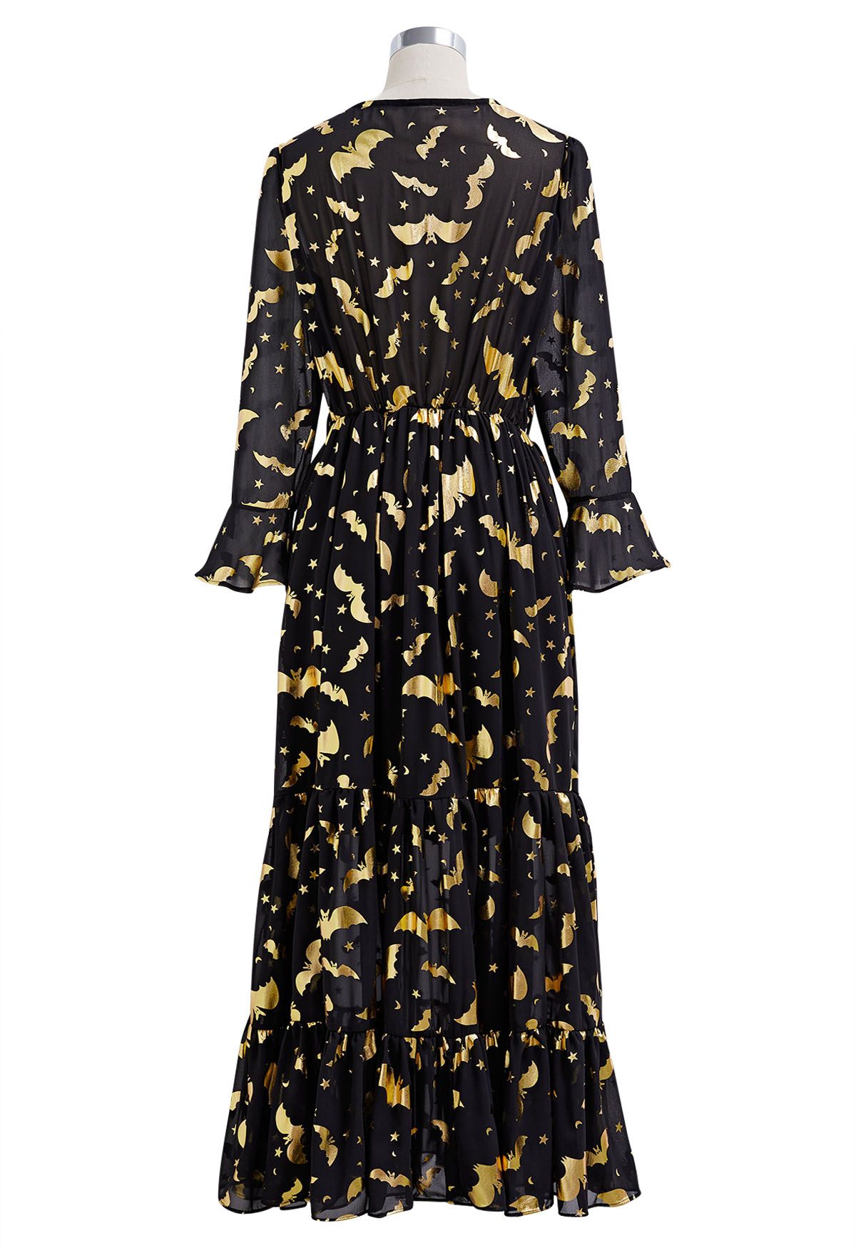 Vestido largo de gasa con murciélagos dorados metalizados