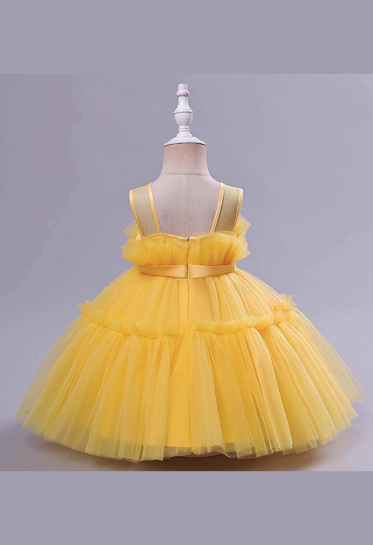 Vestido de tul con cintura con lazo en amarillo para niños