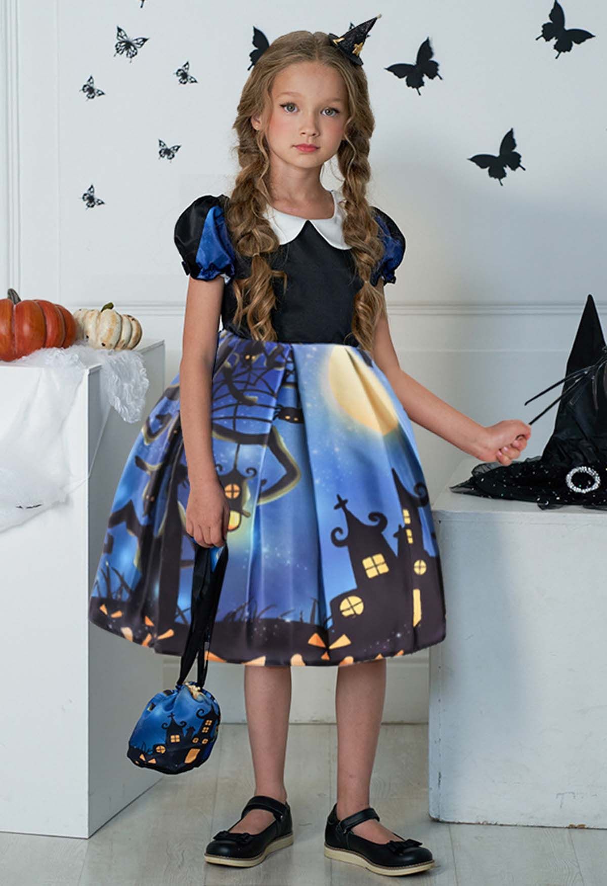 Vestido de noche de Halloween con mangas de burbujas para niños con bolso
