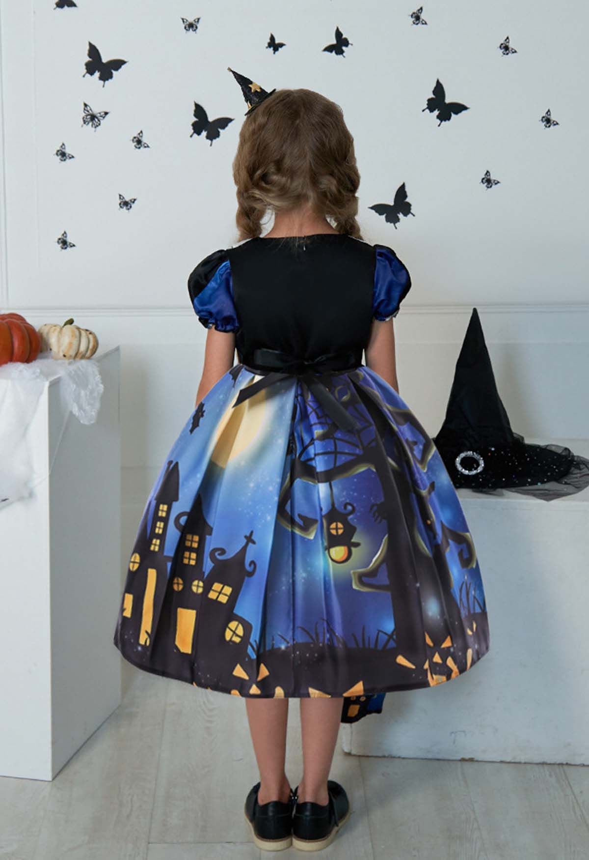 Vestido de noche de Halloween con mangas de burbujas para niños con bolso