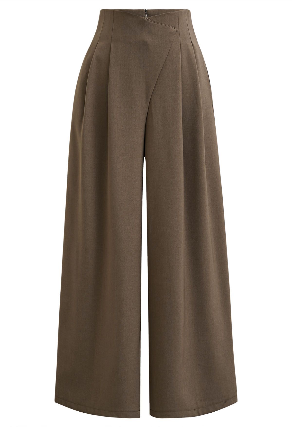 Pantalones rectos plisados con cintura cruzada en marrón