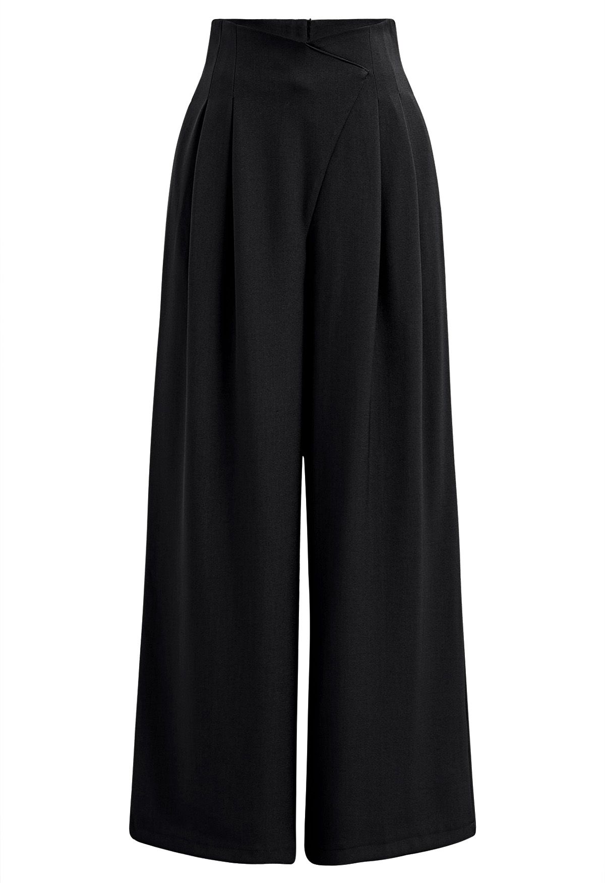 Pantalones rectos plisados con cintura cruzada en negro