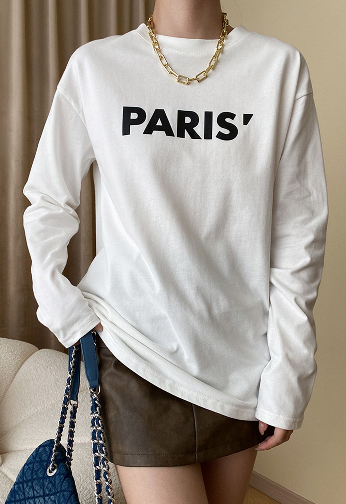 Top de manga larga con cuello redondo y estampado de París