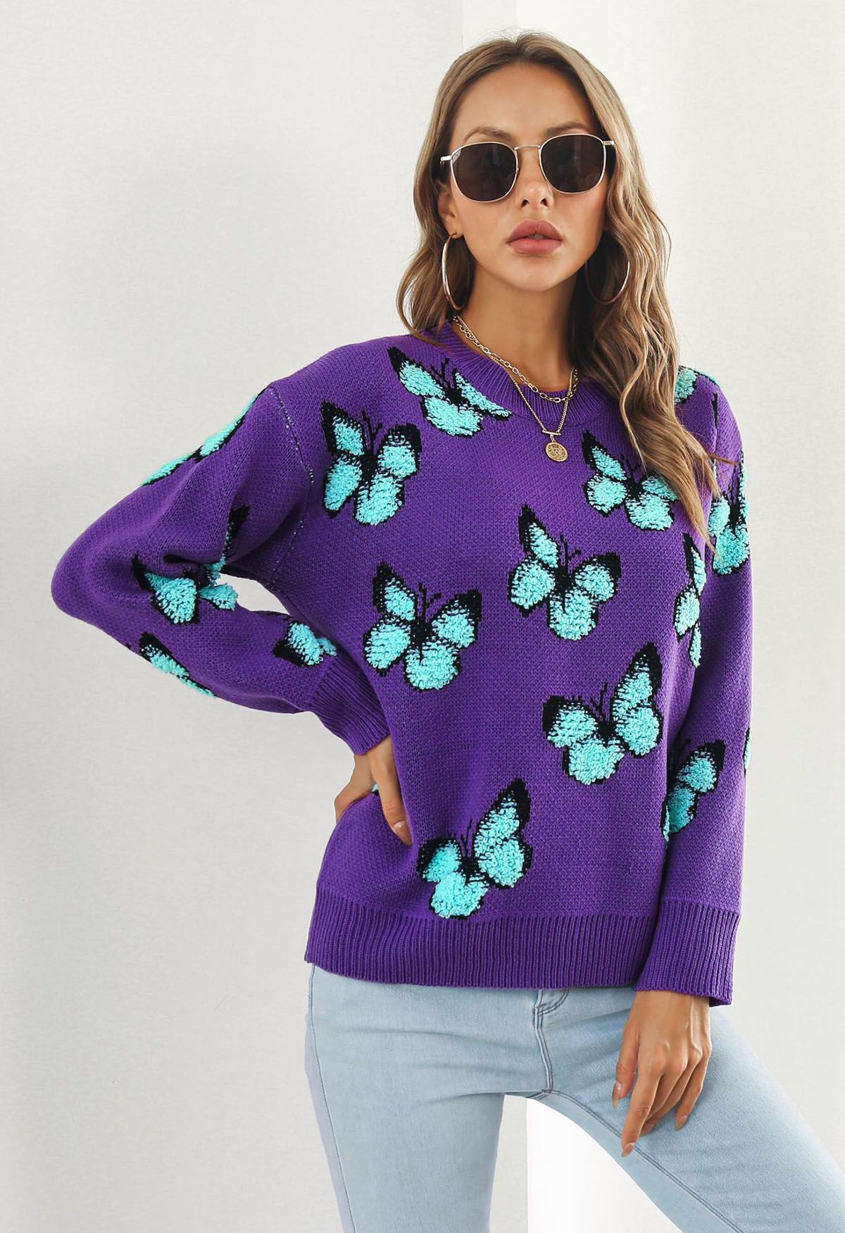 Suéter de punto acanalado con mariposas de ballet en color morado