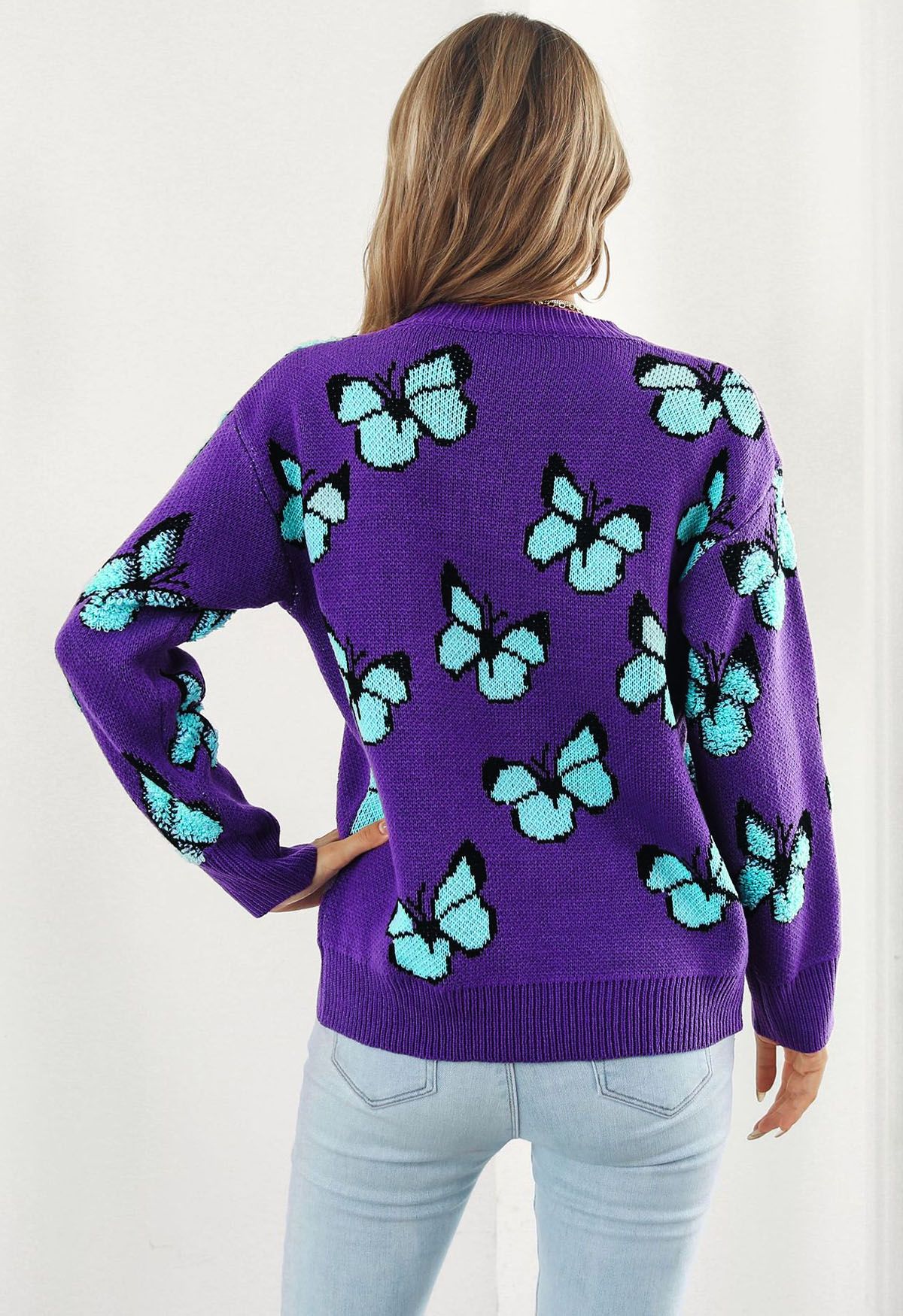 Suéter de punto acanalado con mariposas de ballet en color morado