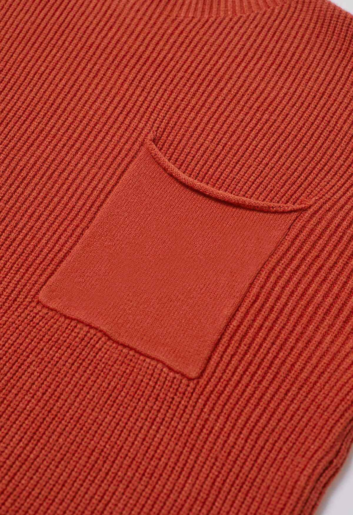 Jersey de punto acanalado con bolsillo de parche en rojo óxido