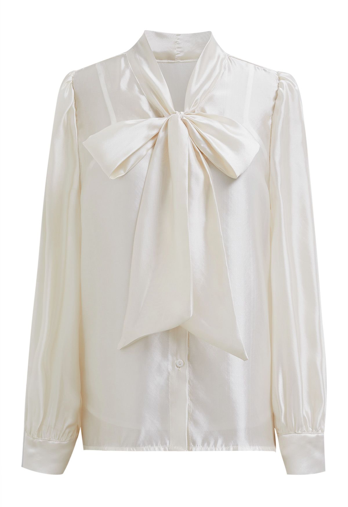 Camisa transparente elegante con mangas abullonadas y lazo en color crema