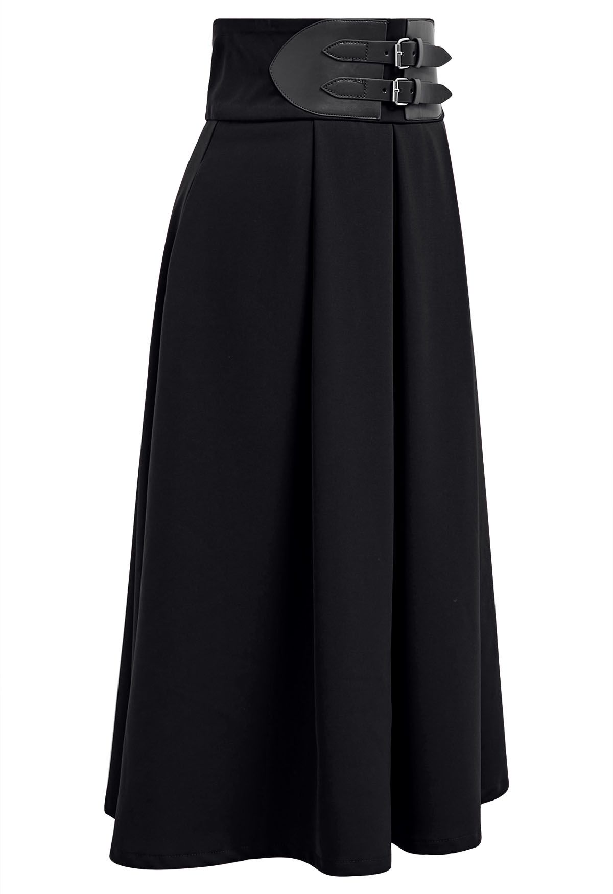 Falda midi plisada de cintura alta con adornos de cinturón en negro
