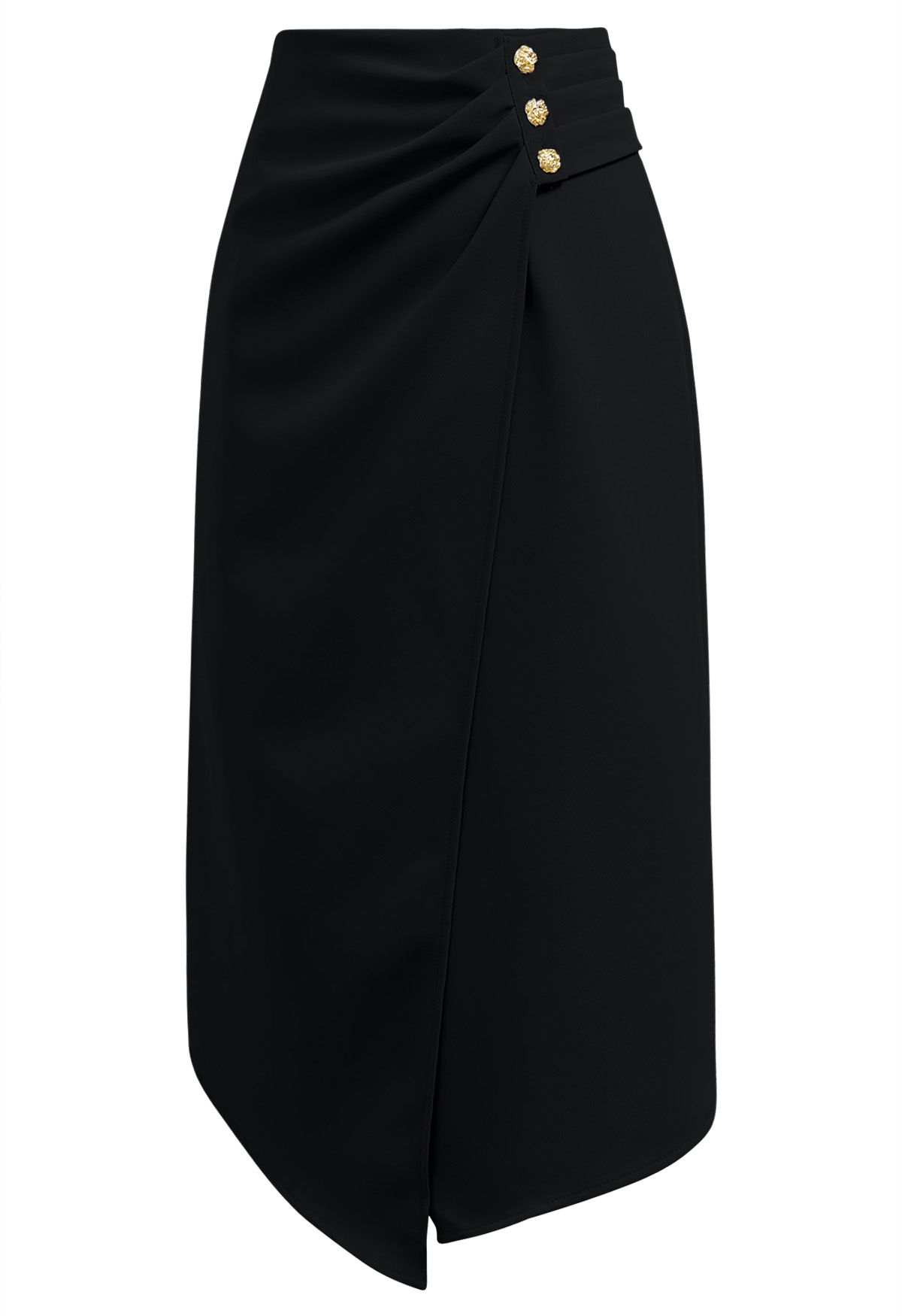 Falda midi con solapa irregular y pliegues abotonados en negro
