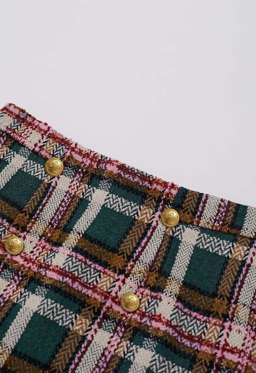 Minifalda de mezcla de lana a cuadros verde con botones dorados