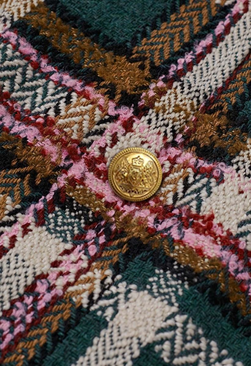 Minifalda de mezcla de lana a cuadros verde con botones dorados