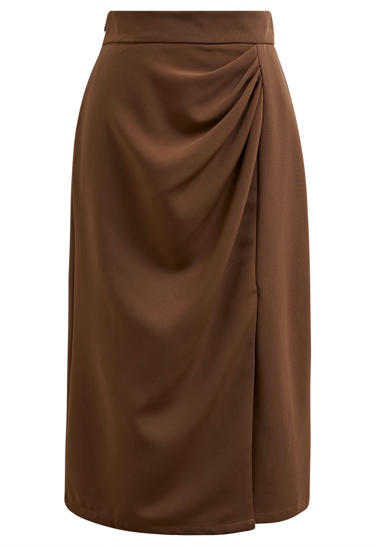 Encantadora falda lápiz con abertura delantera y pliegues en color canela