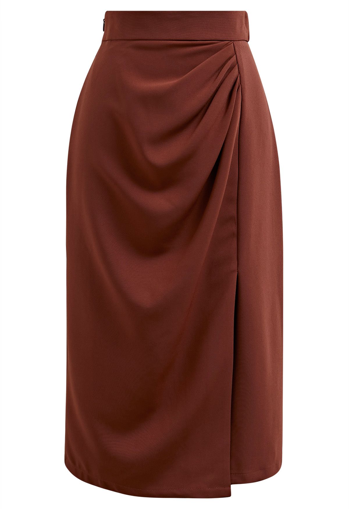Encantadora falda de tubo con abertura delantera y pliegues en color óxido