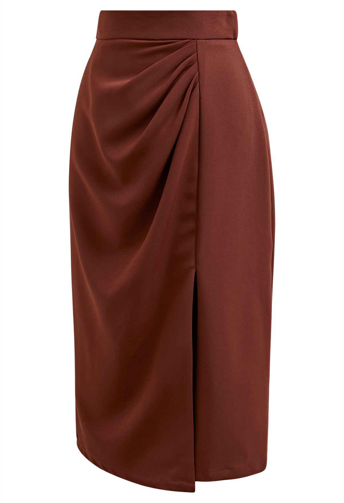Encantadora falda de tubo con abertura delantera y pliegues en color óxido