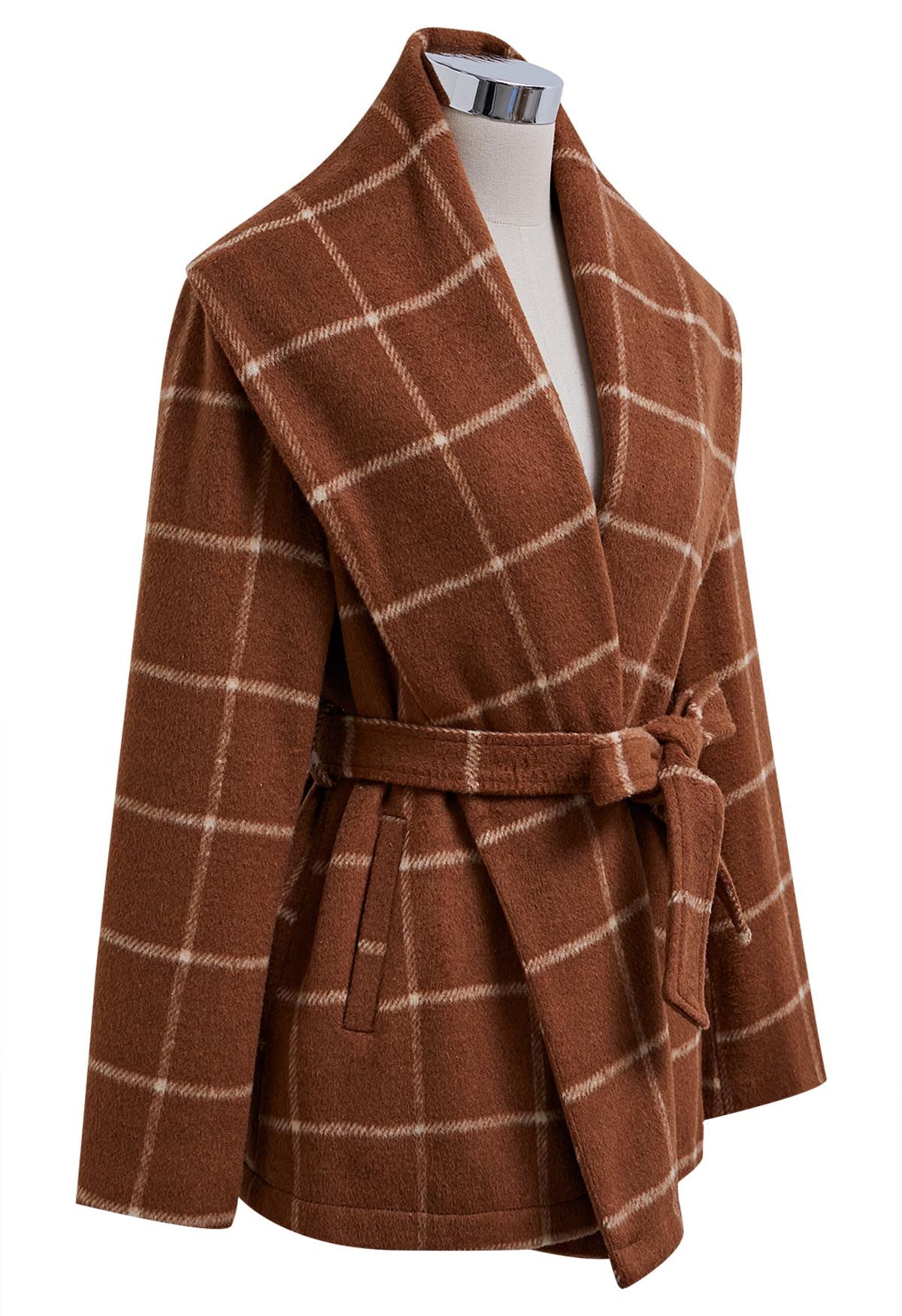 Abrigo de mezcla de lana con frente abierto a cuadros en marrón