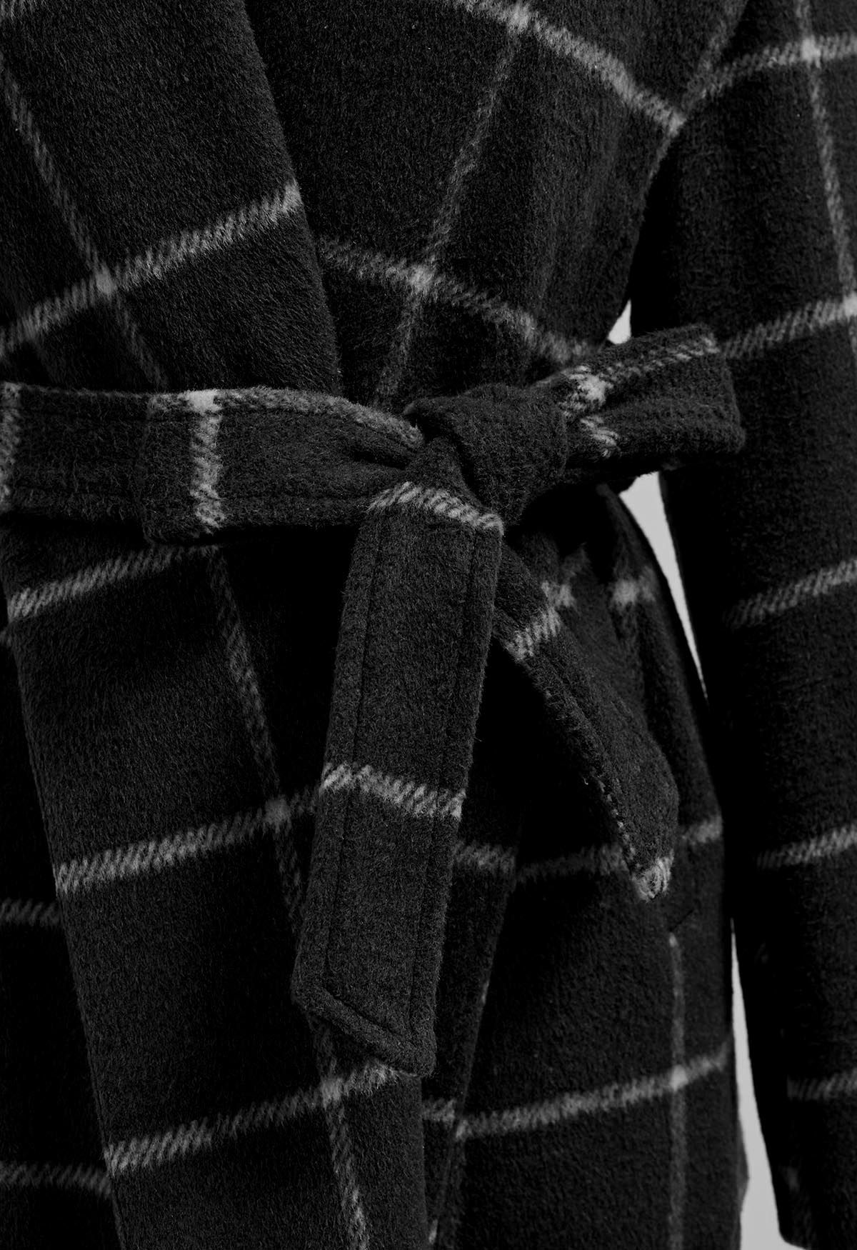 Abrigo de mezcla de lana con frente abierto a cuadros en negro