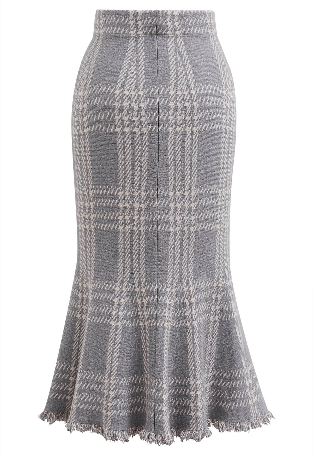 Falda de punto con dobladillo con flecos a cuadros vintage en gris