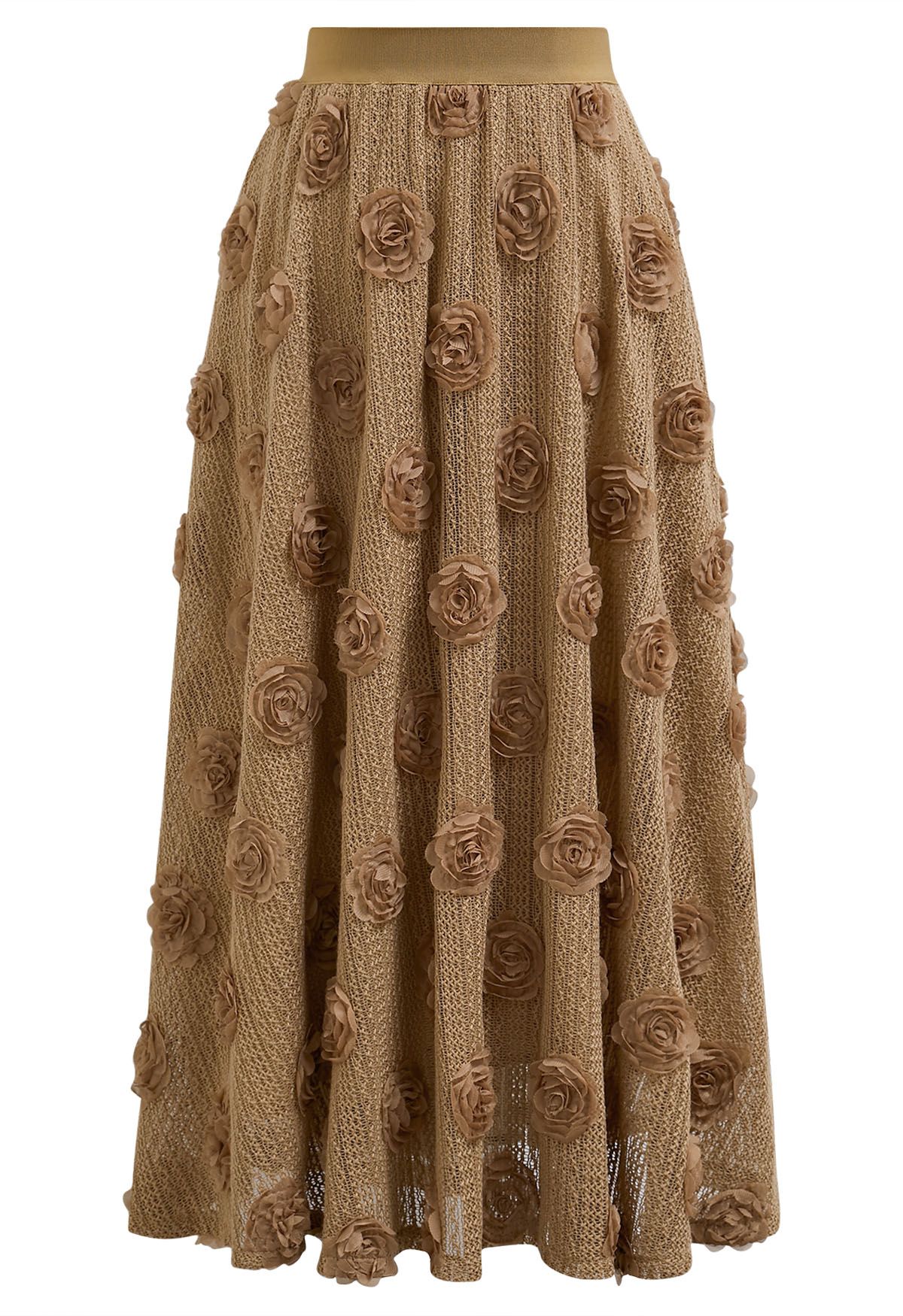 Falda midi de algodón calada 3D Rose en camel
