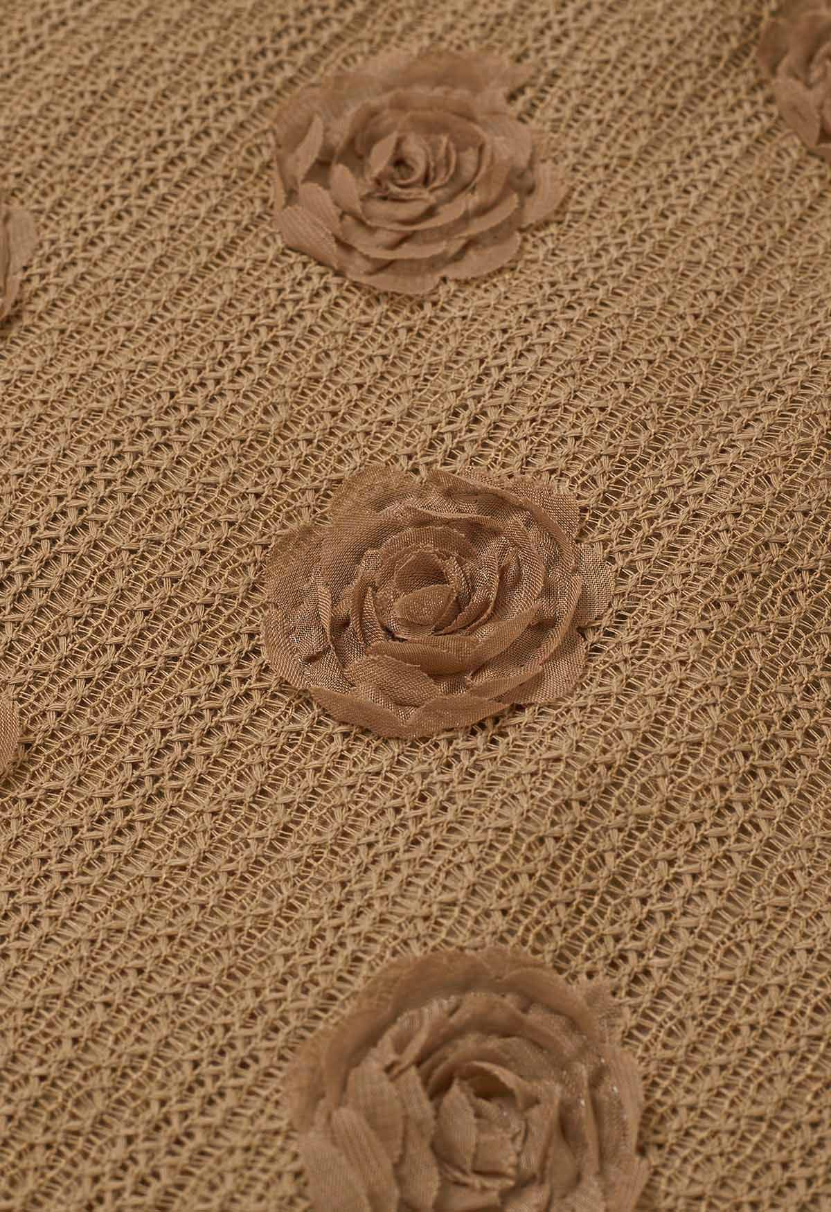 Falda midi de algodón calada 3D Rose en camel