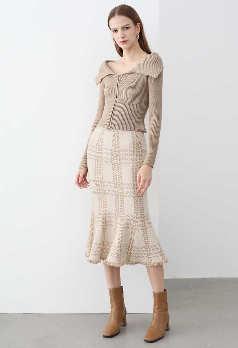 Falda de punto con dobladillo con flecos a cuadros vintage en color canela claro
