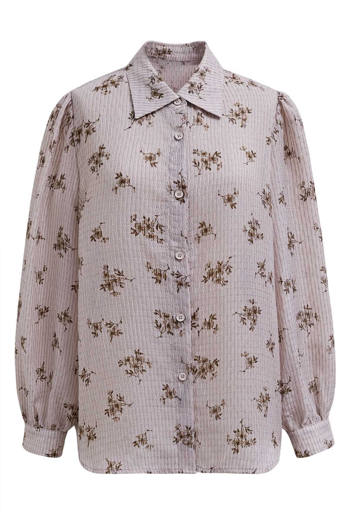 Camisa con botones y textura con estampado de flores en rosa polvoriento