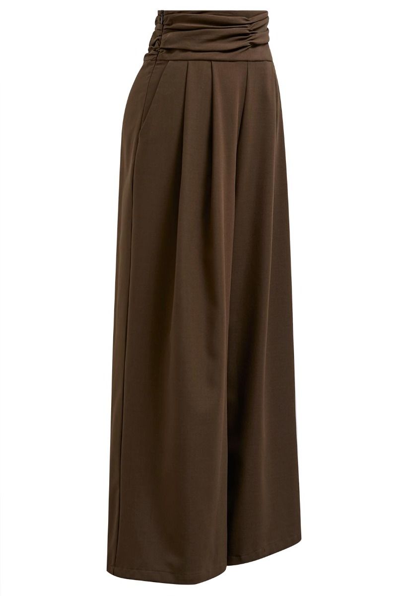 Pantalones anchos plisados de cintura alta fruncidos en marrón