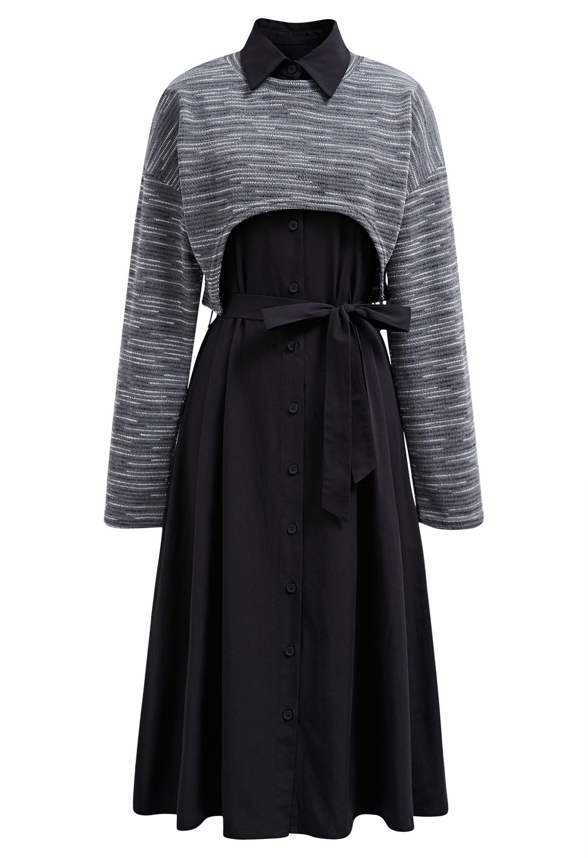 Conjunto de vestido camisero sin mangas y jersey en mezcla de algodón en negro