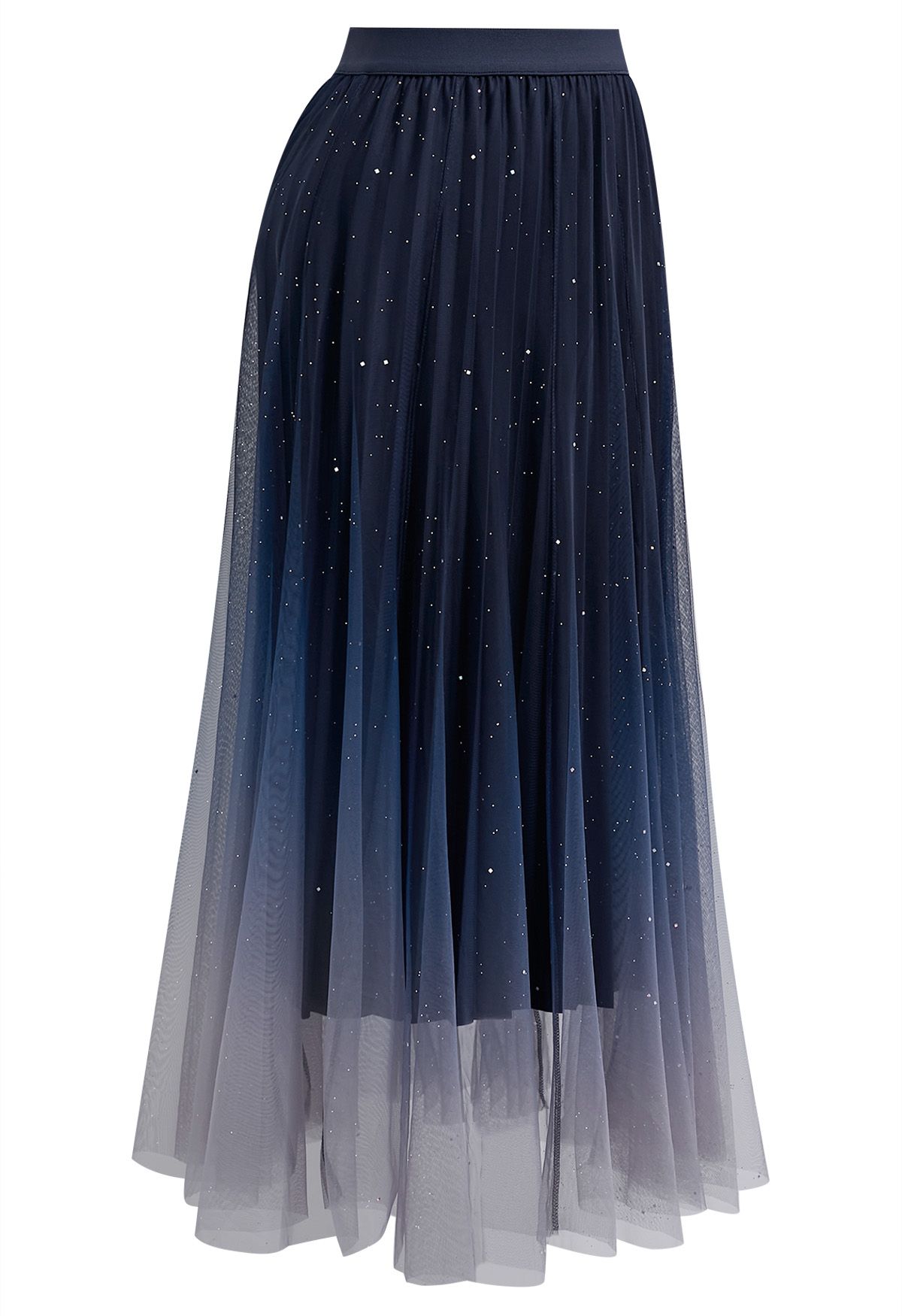 Falda midi con lentejuelas y malla degradada en azul marino