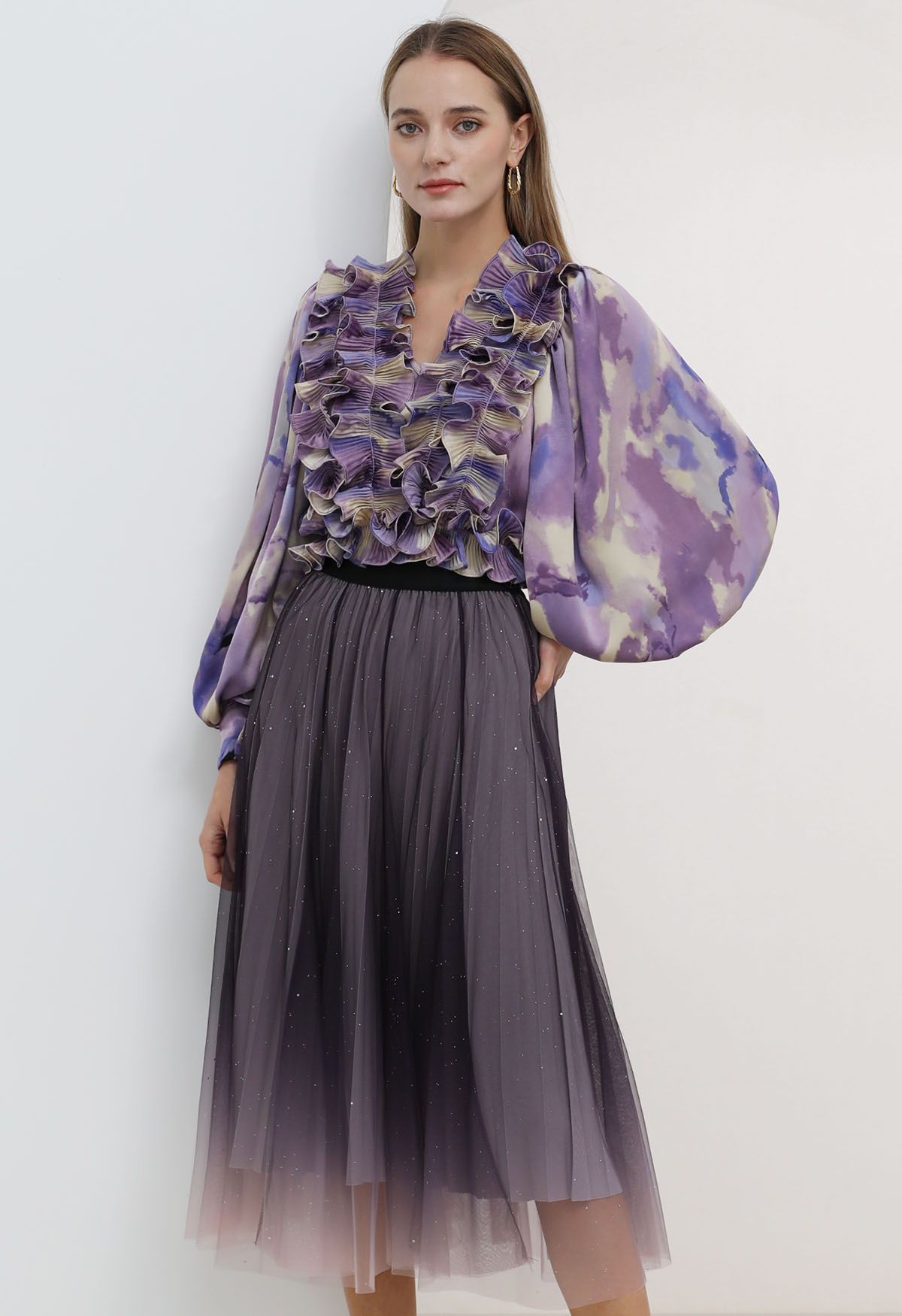 Falda larga con lentejuelas y malla degradada en violeta