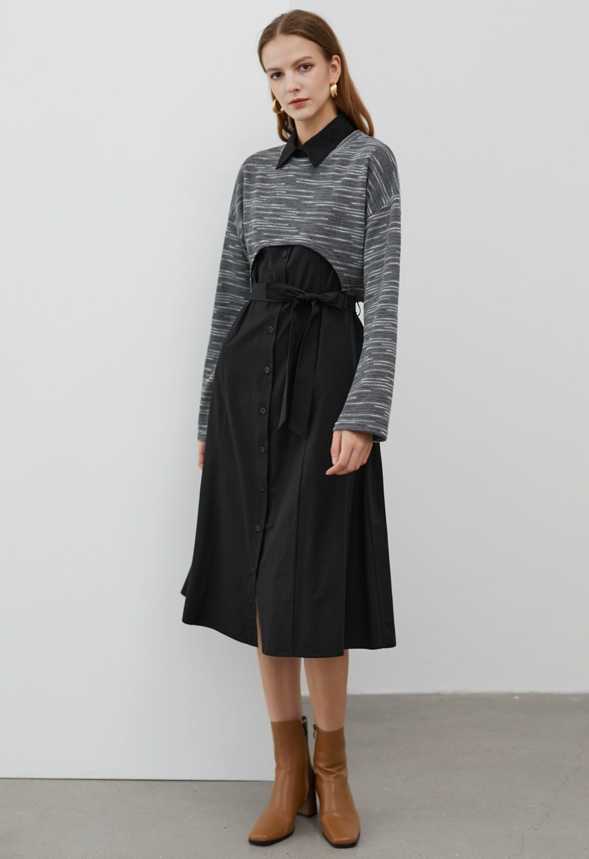 Conjunto de vestido camisero sin mangas y jersey en mezcla de algodón en negro