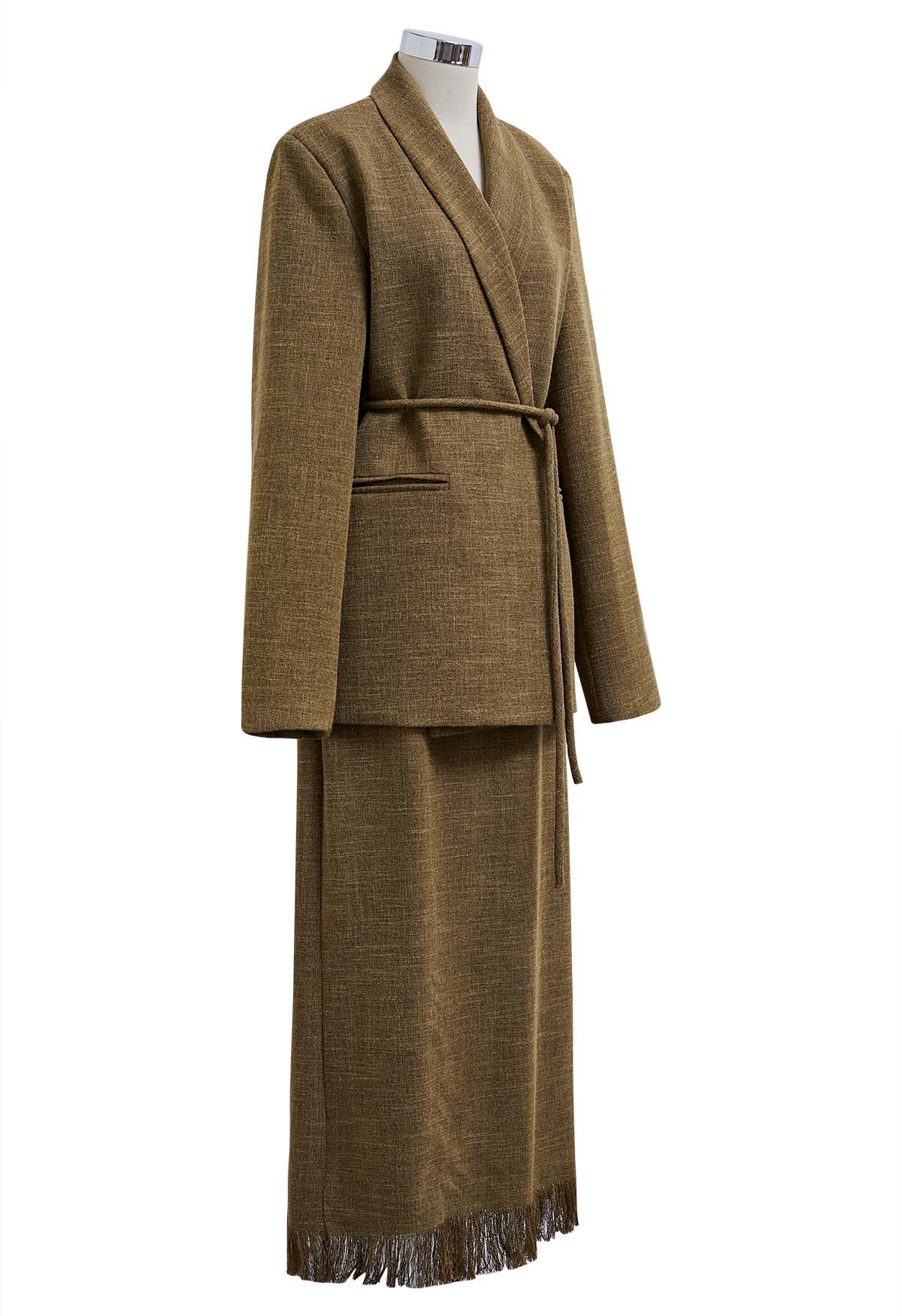 Conjunto de blazer de tweed con cuello chal y falda lápiz con flecos en verde oliva
